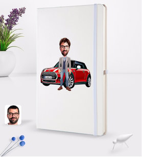 BK Gift Kişiye Özel Plakalı Erkek Mini Cooper Karikatürlü Beyaz Termo Deri Defter 16x24cm Model 1