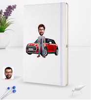 BK Gift Kişiye Özel Plakalı Erkek Mini Cooper Karikatürlü Beyaz Termo Deri Defter 16x24cm Model 1