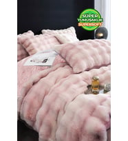 Çift (Taraflı) Kişilik Kürk Yorgan Dolgulu Peluş Yumuşak Wellsoft Yatak Örtüsü 3 Parça Set Opus (Pudra)