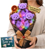 Renkli LED Işıklı Büyük Boy Mor Peluş Ayıcık Buketi Kişiye Özel Tasarım Peluş Ayıcık