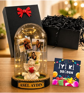 Kişiye Özel 3 Fotoğraflı LED Işıklı Fanus İyi Ki Doğdun Doğum Günü Hediyesi (beyaz melekli)