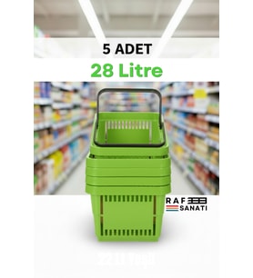 5 Adet - 28 Litre Plastik Market Alışveriş Sepeti Saplı Dayanıklı Market Mağaza El Sepeti Yeşil