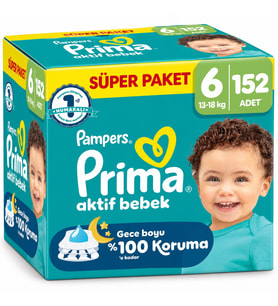 Prima Aktif Bebek Bebek Bezi 6 Beden 13-18 KG Extra Large 152 Adet Süper Aylık Pk