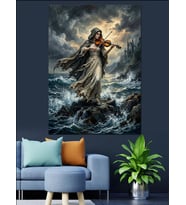 Fırtınalı Denizde Keman Çalan Kadın Dekoratif Kanvas - Mdf Ahşap Tablo