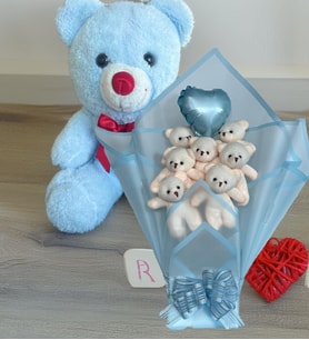 Premium 35 cm Peluş Ayı Premium Kalp Balonlu Romantik Mavi Peluş Ayıcık Buketi (Açık Mavi)