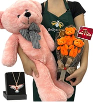 Kişiye Özel 3'lü Peluş Ayıcık Buketi, Renkli Anka Kuşu Kolye ve Pembe Peluş Ayıcık (Model 3)