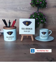 Özel Güvenlik Görevlisi Hediye Seti Dekoratif Taş, Kalemlik, Ahşap Altlıklı Türk Kahvesi Fincanı Hediye (Model 2)