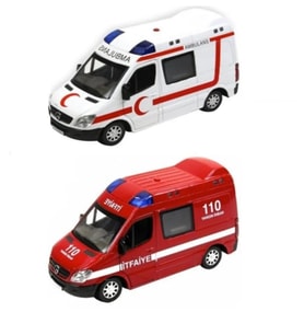 2 ADET Diecast Metal İTFAİYE VE AMBULANS Mercedes Sprinter Çek Bırak Işıklı Siren Sesli 14 Cm kapıları açılır