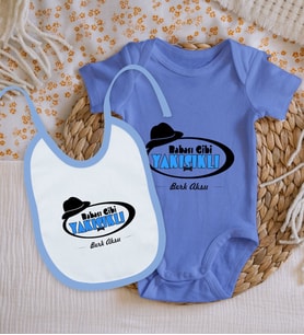 BK Kids Kişiye Özel İsimli Mavi %100 Pamuklu Kısa Kol Bebek Body Zıbın ve Mama Önlüğü Hediye Seti-6