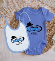 BK Kids Kişiye Özel İsimli Mavi %100 Pamuklu Kısa Kol Bebek Body Zıbın ve Mama Önlüğü Hediye Seti-6