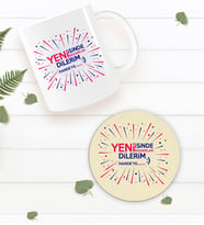 BK Gift Kişiye Özel Yeni İşinde Başarılar Dilerim Beyaz Kupa Bardak ve Yuvarlak Ahşap Bardak Altlığı Hediye Seti -6
