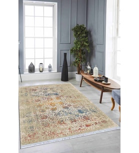 Krem Modern Dokuma Pamuk Tabanlı Kaymaz Kilim KLM004