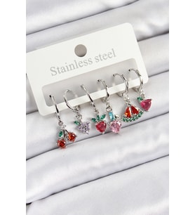 Pirinç Zirkon Taşlı Karpuz Yonca Kalp Pusula Karışık Model Gümüş Renk 6'lı Set Kadın Küpe (Altın)