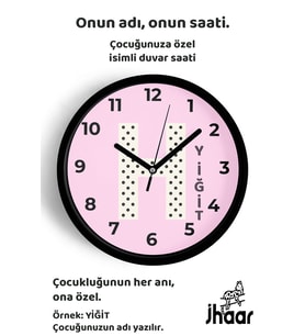 İsme Özel H Harfli Pembe Çocuk Odası Duvar Saati Orta Boy 30 cm Siyah Camlı Sessiz