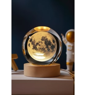3D Ay Küre Kristal Gün Işığı Led Gece Lambası – USB'li Ahşap Standlı LED Masa Lambası & Gece Lambası