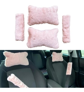 Peluş Ortopedik Araba Seyahat Boyun Yastığı Emniyet Kemer Pedi Seti Pudra Pembe