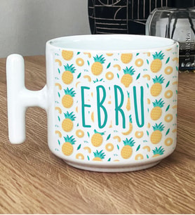 Kişiye Özel İsim Yazılı Hediye T Kupa Bardak Ananas Desenli Meyveli (Beyaz)