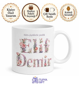 Çiçekli Harf Baskılı Kişiye Özel Kupa Bardak Hediye Özel Tasarım Mug