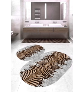 Dijital Baskılı Kaymaz Taban Yıkanabilir Oval 2'li Klozet Takımı Banyo Paspası NOKZ-HT-1101 (Kahverengi)