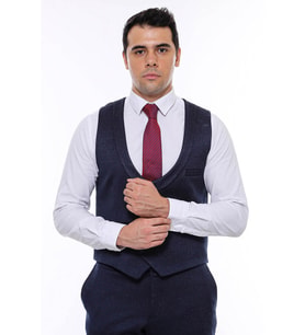Desenli Kruvaze Koyu Lacivert Erkek Yelek Pantolon Set - Wessi