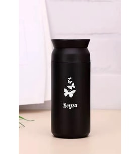 Kişiye Özel 500 ML Paslanmaz Çelik Kelebek Baskılı Termos  8 Saat Isı Koruma  Kahve ve Çay Termosu (Siyah)