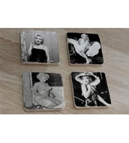 Siyah Beyaz Marilyn Monroe Fotoğrafları Doğal Taş Bardak Altlığı 4'lü set - Natural Stone Coasters