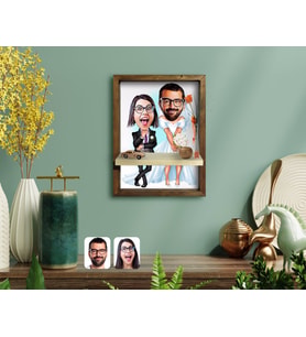 BK Gift Kişiye Özel Sevgililer Karikatürlü Doğal Masif Ahşap Çerçeveli Tablo Duvar Rafı-16