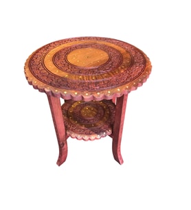 Ahşap Oymalı Pirinç Kakmalı 2 Katlı Sehpa  44x44x47 cm.