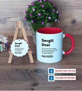 Arkadaşa Hediye Kupa Bardak Kırmızı ve Ahşap Anahtarlık Hediye (Model 1)