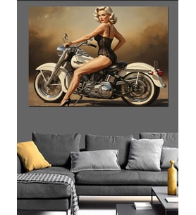 Motosiklet Üzerinde Retro Tarz Kadın Dekoratif Kanvas - Mdf Ahşap Tablo