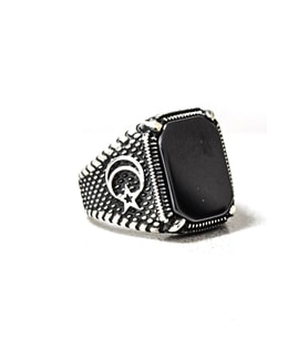 Gümüş Ay Yıldız Model Kare Oniks Taşlı Erkek Yüzük