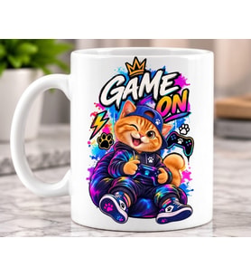 Game On Yazılı Oyuncu Kedi Desenli Hediyelik Porselen Kupa Bardak