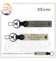 Motor Severlere Özel, İsim Plaka ve 0 Rh (-) Kan Grubu Yazılı x2 Anahtarlık Set, Kül Gri-S Kahve-SK