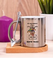 Kişiye Özel Biz Akıllanmayız Tasarım Esprili  Ahşap Altlıklı Silver Kupa Bardak