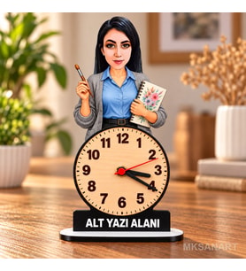 Kişiye Özel Kadın Öğretmen Karikatürlü 18 cm MDF Dikey Masa Saati - Öğretmen Hediyesi Öğretmenler Günü Hediyesi Resim