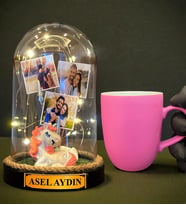 Size Özel Tasarım Led Işıklı Fanus ve Pembe Kupa Bardak Hediye Seti (Model 5)