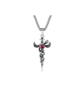 Gotik Witchcraft Haç Vintage Ejder Kanatlı Zirkon Taş 316L Çelik Unisex Paslanmaz Kolye (Gümüş)