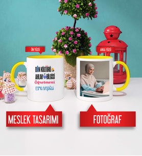 Din Kültürü Öğretmenine Hediye Din Kültürü Öğretmeni Kupa Bardak Sarı Fotoğraflı