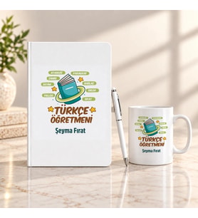 Türkçe Öğretmenine İsme Özel Defter Kalem ve Kupa Hediye Seti