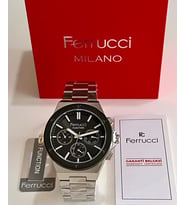 Ferrucci Gümüş Renk Fonksiyonları Aktif 42 mm Kasa Çap Erkek Kol Saati+Bileklik (Gümüş-Siyah)