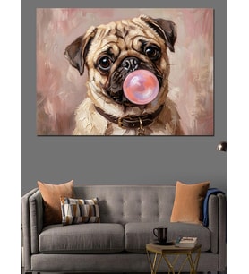 Sakız Şişiren Sevimli Pug Köpek Dekoratif Kanvas - Mdf Ahşap Tablo