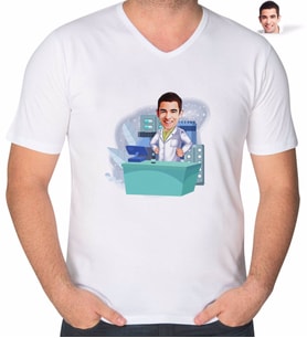 BK Gift Kişiye Özel Erkek Eczacı Karikatürlü V Yaka Tişört-4 (Beyaz)