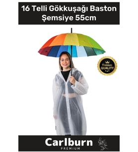 Premium Otomatik Mekanizma Baston Tip Rüzgar Korumalı Fiber 16 Telli Gökkuşağı Baston Şemsiye 55cm