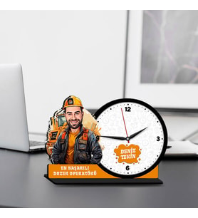 Erkek Dozer Operatörüne Hediye Karikatürlü MDF Masa Saati