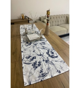 40x150 Lacivert Çiçekli İnce Keten Dekoratif Runner