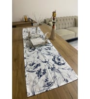 40x150 Lacivert Çiçekli İnce Keten Dekoratif Runner