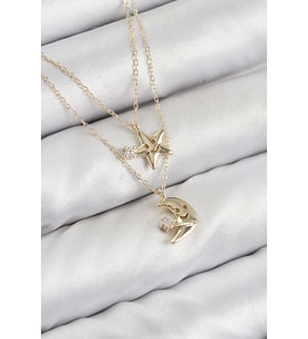Pirinç Zirkon Taşlı Yıldız Ve Ay Model Gold Renk Kadın Kolye 5886 - GLST6954-8964