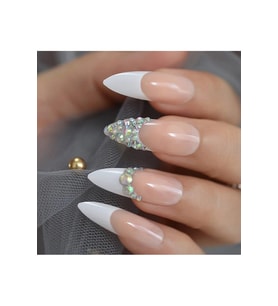 EDA LUXURY BEAUTY Pembe Beyaz French Takma Tırnak Lüks Kristal Taşlı Desenli Uzun Sivri Uçlu Stiletto Nail Art Set E041
