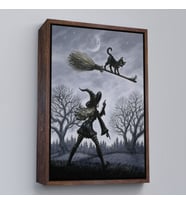 Çerçeveli Cadı Süpürgesi ile Uçan Kara Kedi Tablosu, Witches Halloween (Siyah)