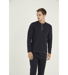 %100 Pamuk Erkek Midi Yaka Pijama Takımı Şık Tasarım - Dış Giyim (Lacivert)